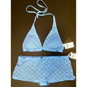 La Blanca Rod Beattie Periwinkle Blue Crochet Beaded Bikini Set Size 10 NEW